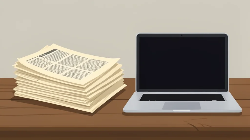 A stack of old, yellowed newspapers sitting on a wooden desk next to a modern laptop