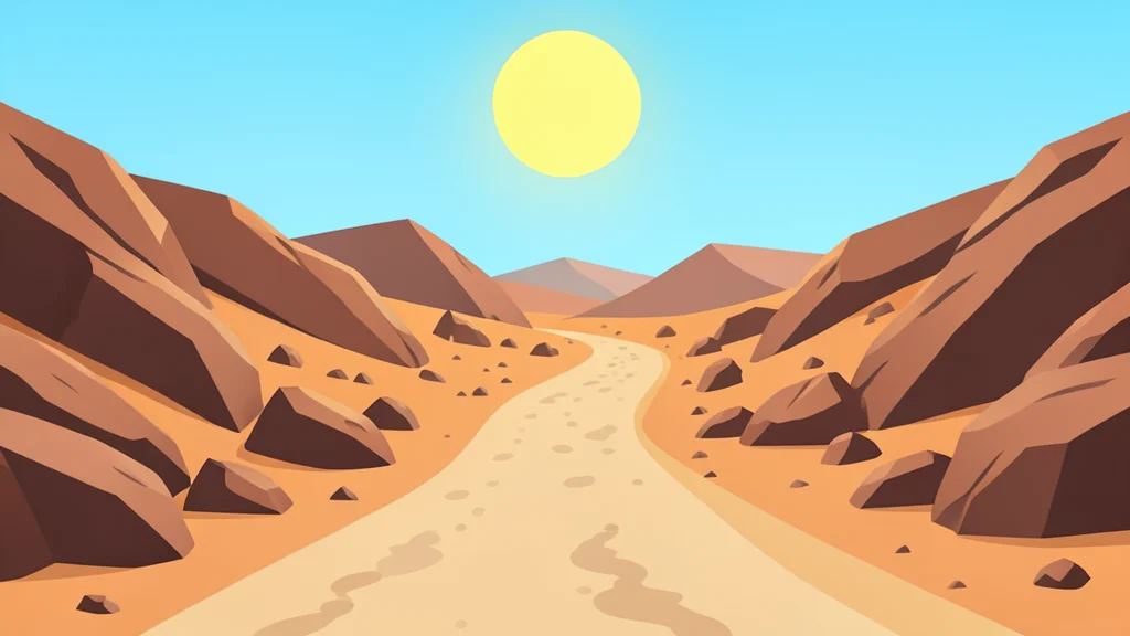 A dusty, unpaved road winding through arid, rocky terrain under a bright sun