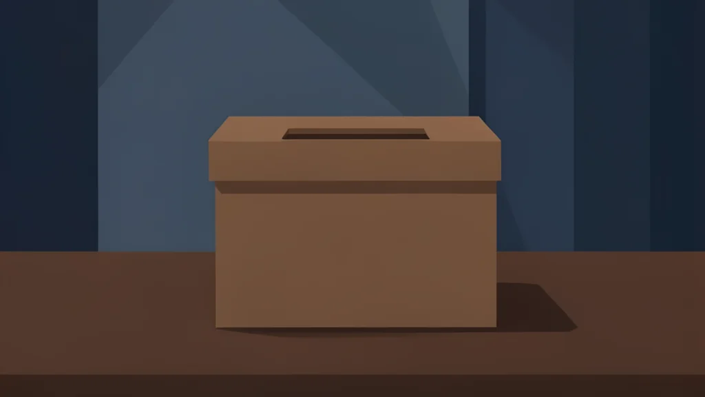A wooden ballot box with a slot on top, sitting on a table in a dimly lit room