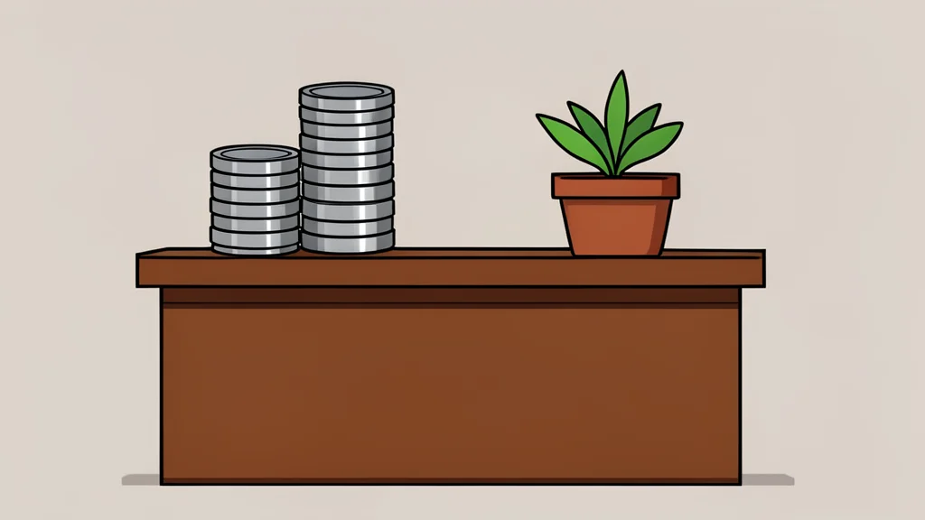 A traditional Japanese wooden counter with a stack of coins and a small potted plant.