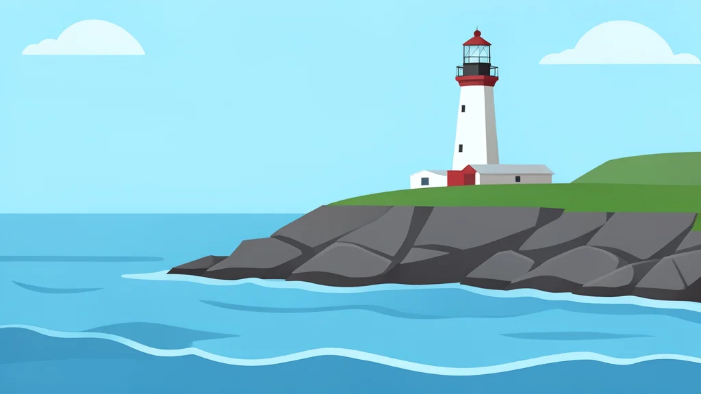 A calm harbor entrance with a lighthouse standing on a rocky headland