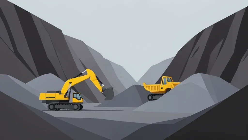A large industrial mining site with heavy machinery and piles of raw ore in a valley landscape