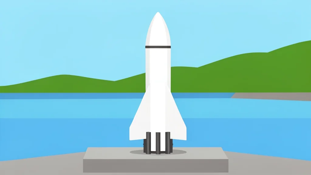 A large white rocket stands vertically on a concrete launch pad near a tropical coastline with calm blue water and green hills in the background.