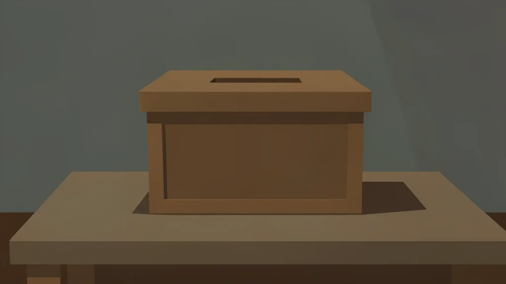 A wooden ballot box with a slot on top, sitting on a table in a dimly lit room