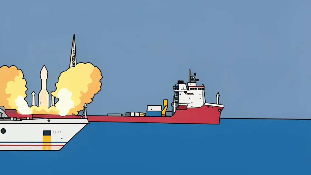 A large rocket standing vertically on the deck of a ship in the open ocean
