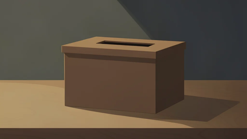 A wooden ballot box with a slot on top, sitting on a table in a dimly lit room