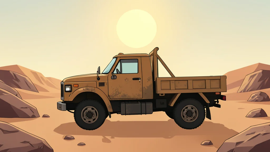 A dusty utility truck parked in a dry, rocky desert landscape under a bright sun