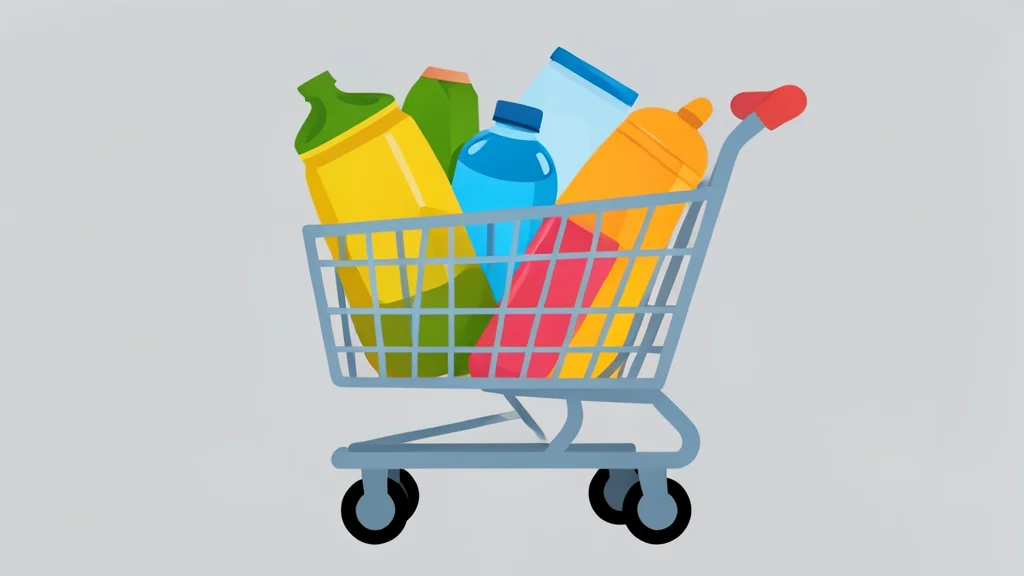 A modern shopping cart filled with generic grocery items and household goods