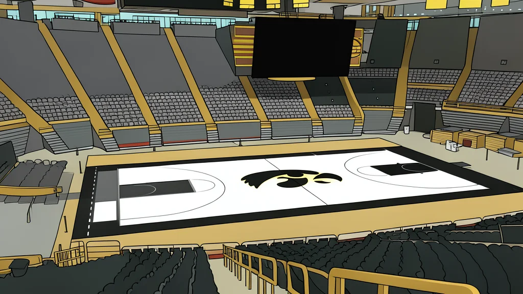 An empty indoor basketball arena with polished hardwood floors and tall windows letting in soft natural light.