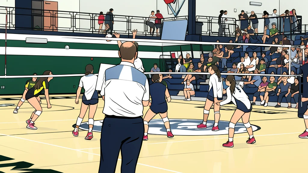 A high school gymnasium interior featuring a volleyball net stretched across the center of a wooden court.
