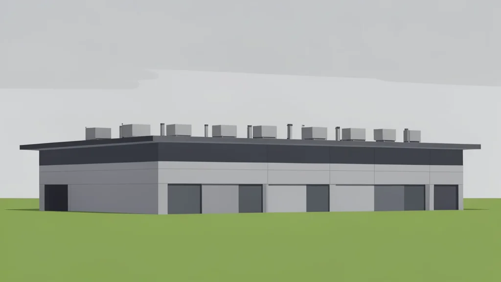 A large, modern industrial building with a flat roof and rows of ventilation units, situated on a flat grassy plain under an overcast sky.