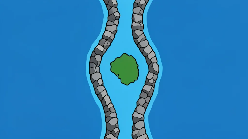 A narrow, rocky strait connecting two large bodies of water with a small island in the center