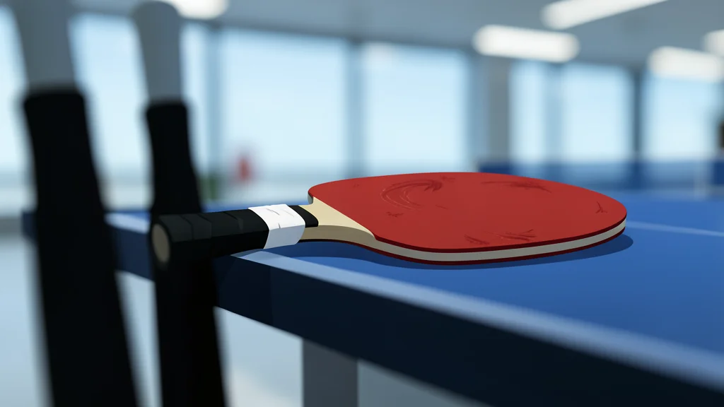 A red table tennis paddle resting on a blue rubber surface with a soft shadow.