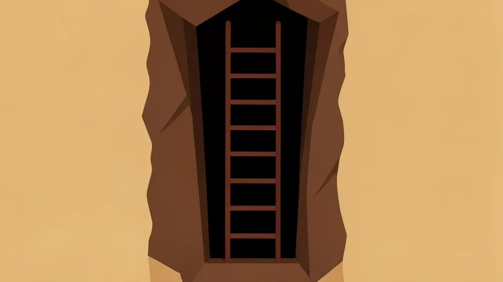 A dark, narrow shaft in sandy earth with a single rusted metal ladder descending into the shadows