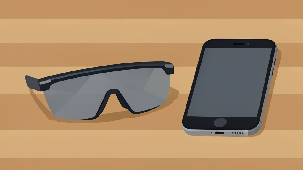 A pair of sleek, modern augmented reality glasses resting on a wooden desk next to a smartphone