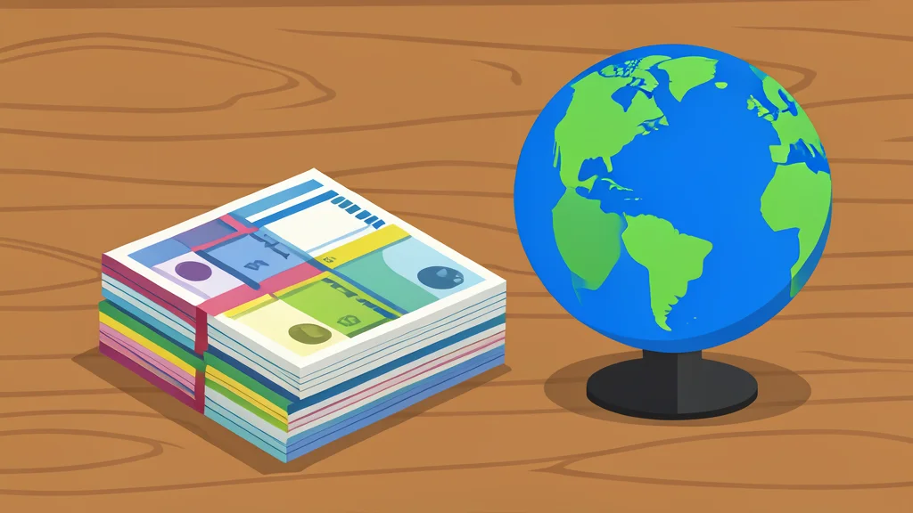 A stack of foreign currency banknotes resting on a wooden desk next to a globe