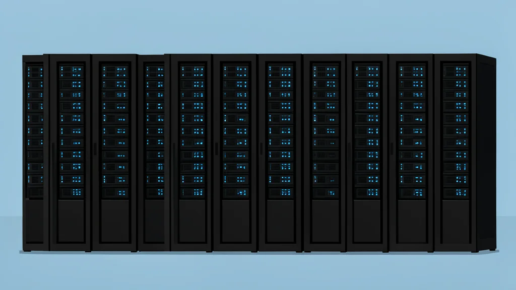 A modern server room with rows of black computer towers and glowing blue status lights.