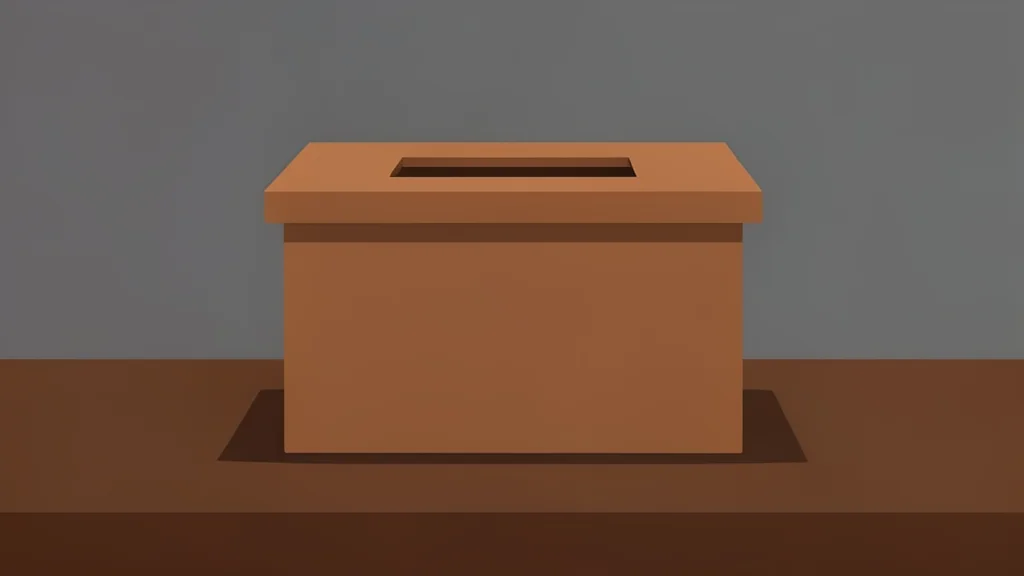 A wooden ballot box with a slot on top, sitting on a plain table in a dimly lit room.