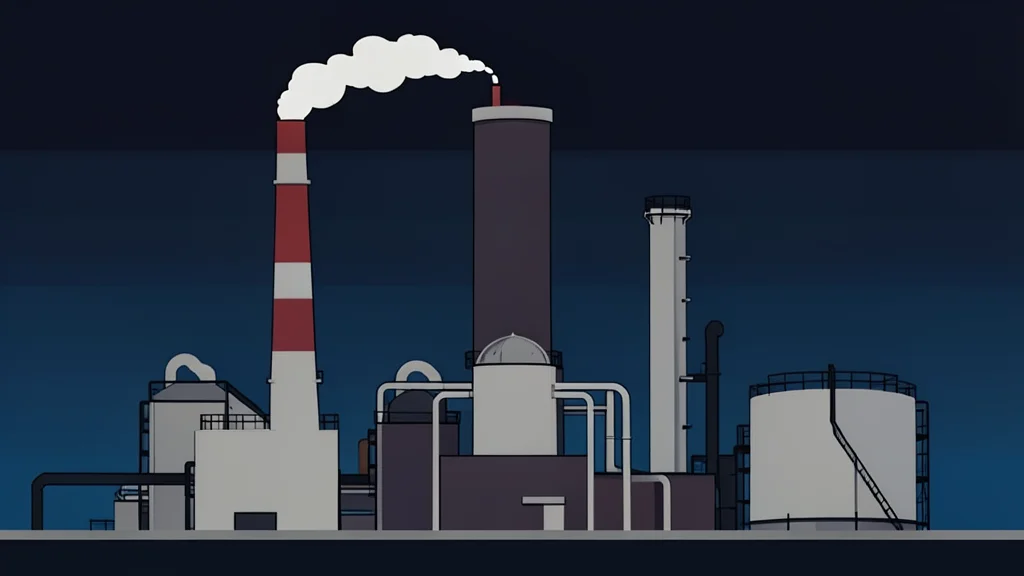 A large industrial oil refinery complex with tall smokestacks and storage tanks under a dark sky