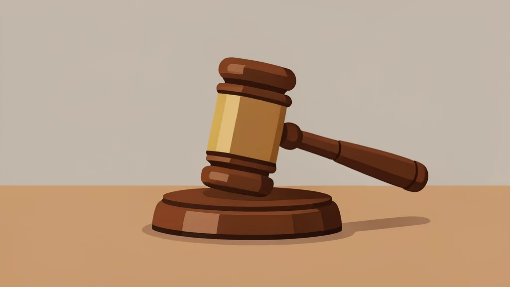 A wooden gavel resting on a polished desk surface