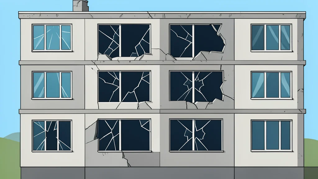 A damaged residential apartment building facade with shattered windows and exposed concrete structure