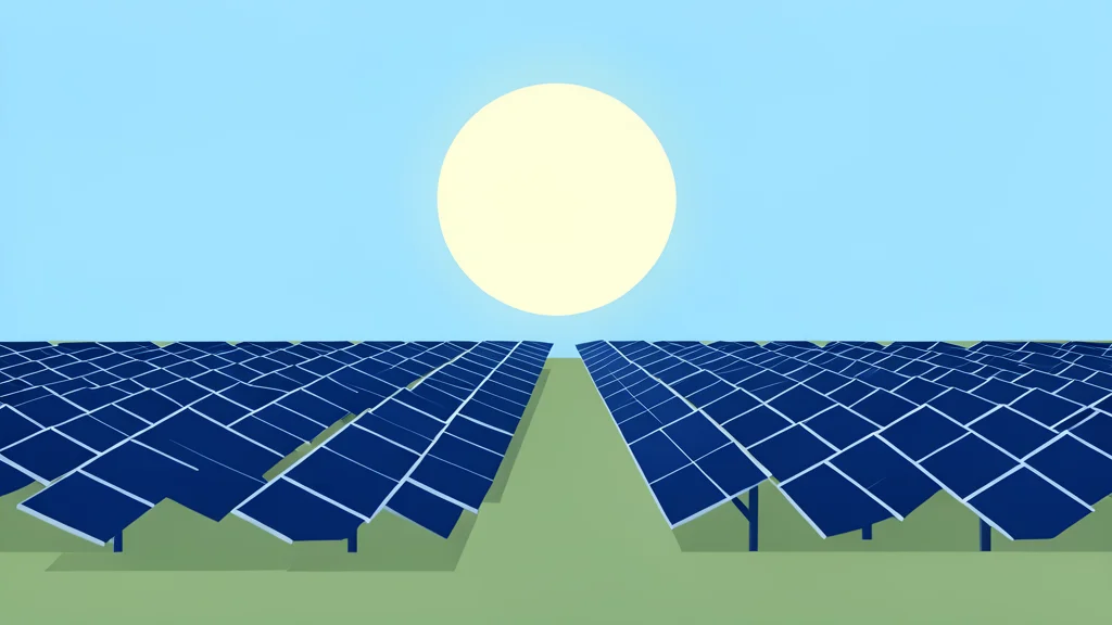 A field of large, dark blue solar panels arranged in rows under a bright sky