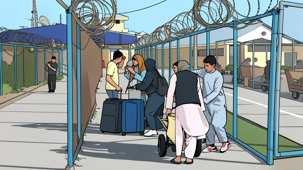 A dusty border crossing gate with a long line of people walking across a barren desert landscape