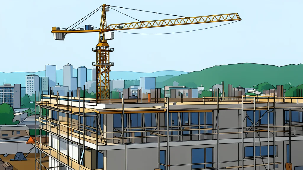 A modern office building in a coastal city with a calm harbor in the background