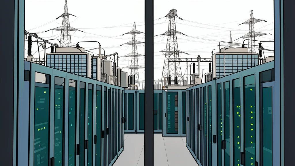 A vast industrial landscape featuring rows of large, boxy server racks connected by thick cables, set against a backdrop of high-voltage transmission towers and power lines stretching into the distance.