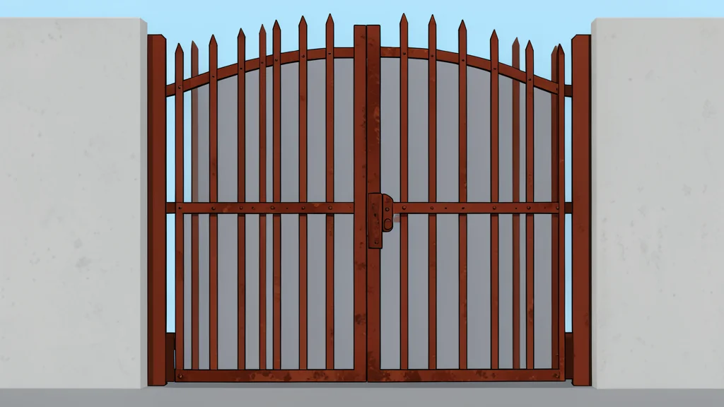 A heavy, rusted iron gate standing in front of a concrete wall