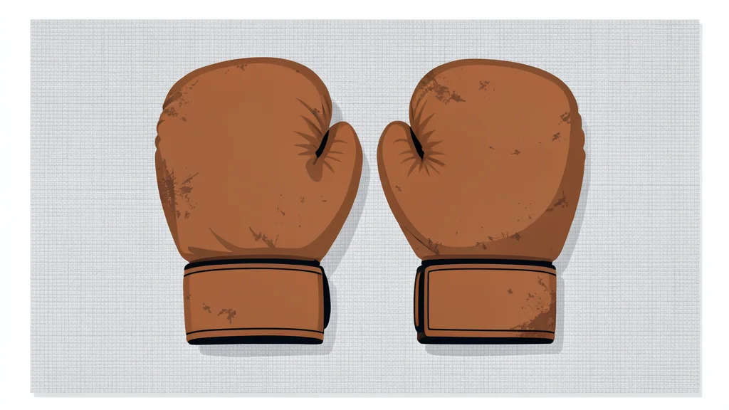 A pair of worn leather boxing gloves resting on a canvas mat