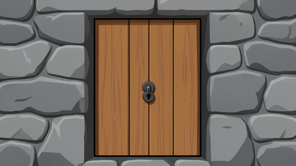 A closed wooden door with a heavy iron lock, set within a rough stone wall.