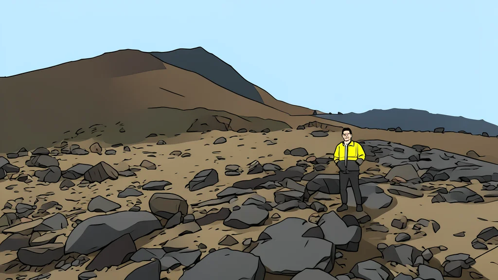 A rugged, barren landscape of red and brown rock formations near a fjord