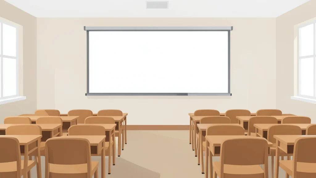 A quiet university lecture hall with empty desks and a blank whiteboard