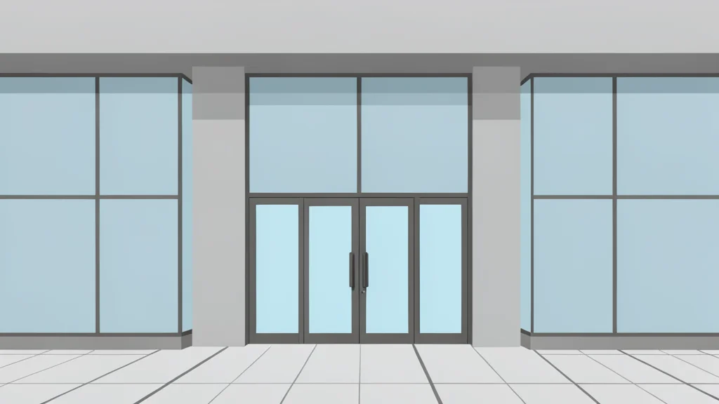 A modern administrative building facade with glass doors and a paved entrance area