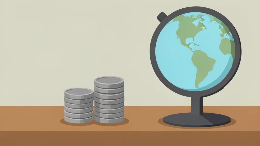 A stack of metallic coins resting on a wooden desk next to a globe
