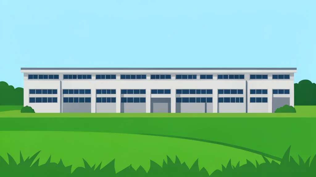 A large, modern industrial factory building with a flat roof and rows of windows, situated in a rural landscape with green fields in the foreground.