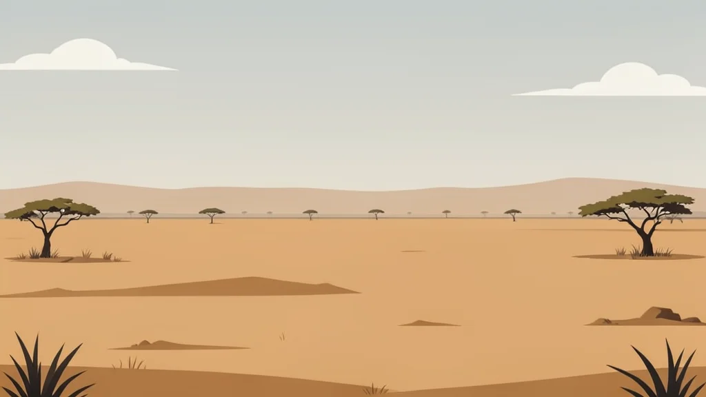 A vast, dry savanna landscape stretching to the horizon under a hazy sky