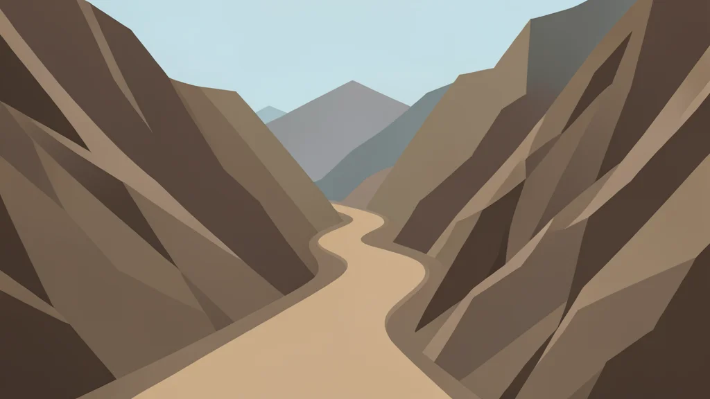 A rugged mountain pass with a winding dirt road and steep rocky slopes