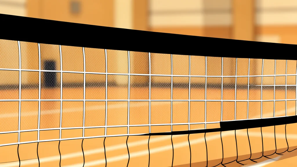 A white volleyball resting on a polished wooden gymnasium floor near a net post