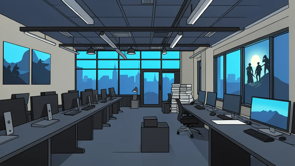 An empty office desk with a closed laptop and a single potted plant