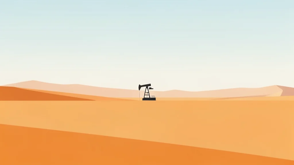A solitary oil derrick stands in a vast, hazy desert landscape