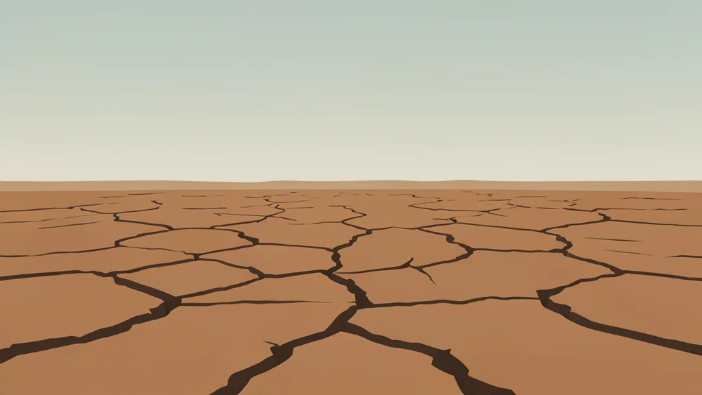 A dusty, cracked earth landscape stretching toward a distant horizon under a hazy sky
