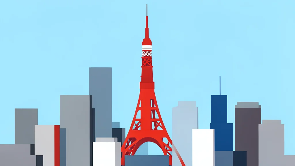 A view of the Tokyo skyline with the Tokyo Tower visible in the distance under a clear blue sky