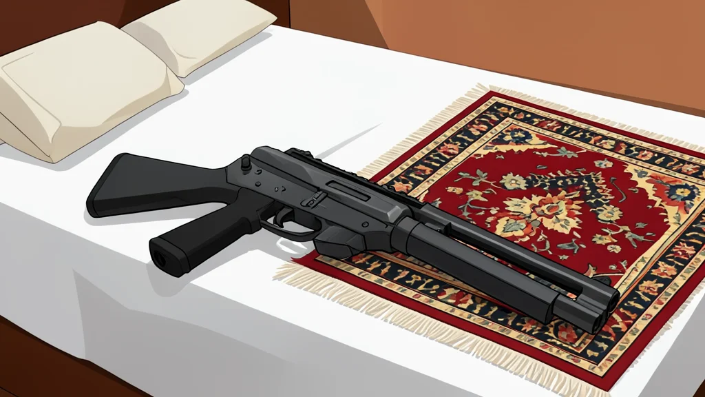A semiautomatic rifle resting on a hotel bed next to a prayer rug