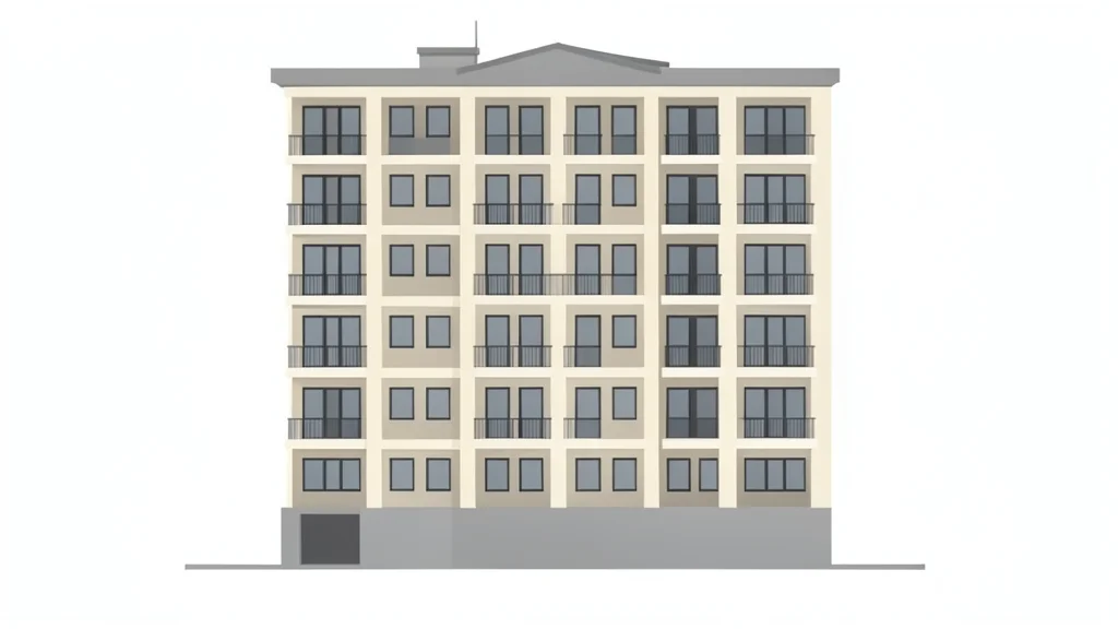 A modern multi-story apartment building with a grid of windows and balconies