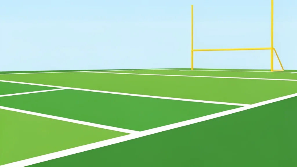 A green grass football field with white yard lines and a goalpost in the distance