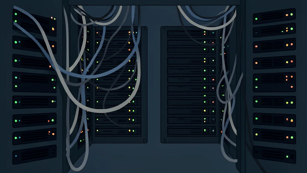A dark server room with rows of blinking lights and tangled cables