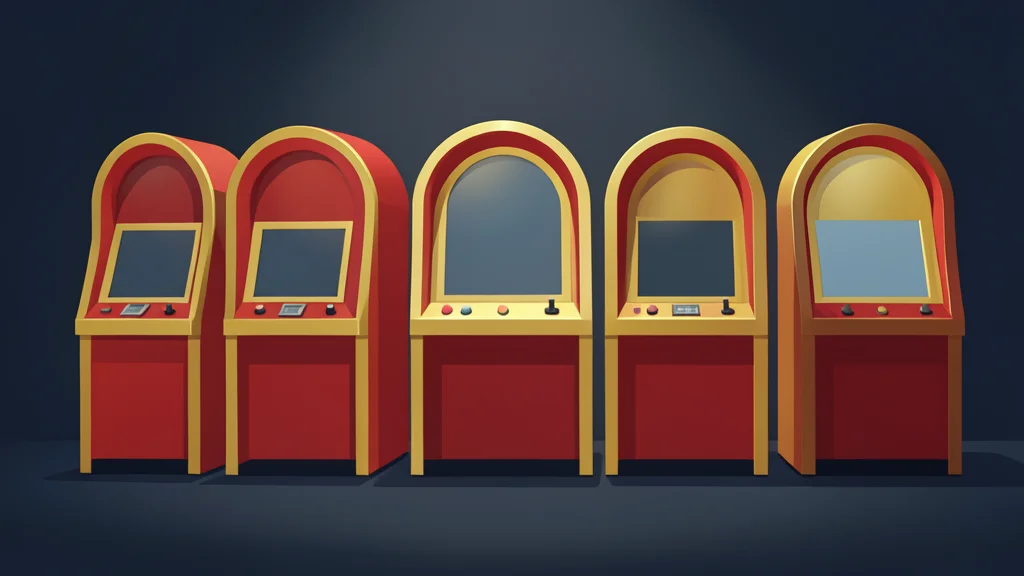 A row of vintage slot machines with red and gold exteriors standing in a dimly lit room