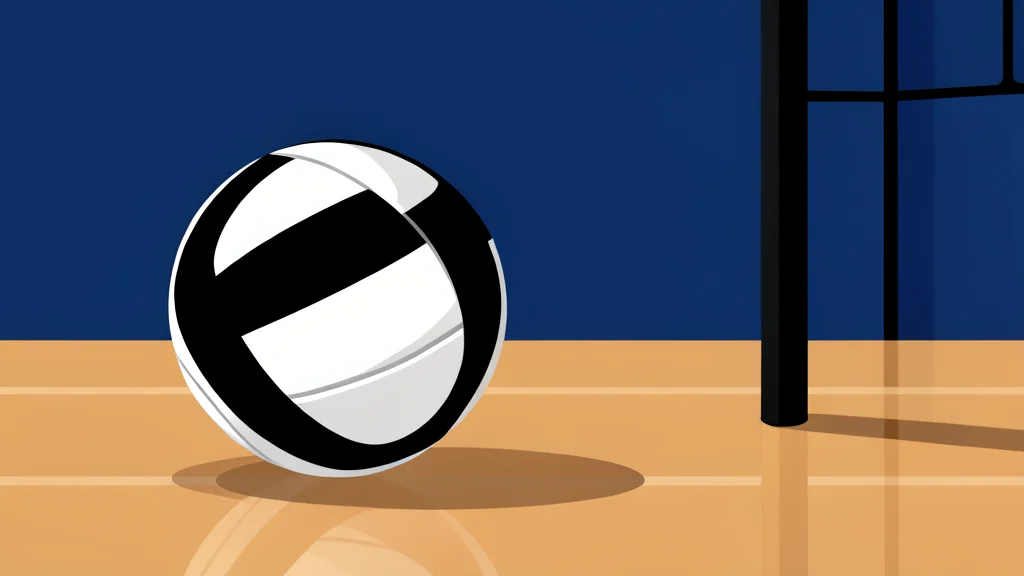 A white volleyball resting on a polished wooden gymnasium floor near a net post